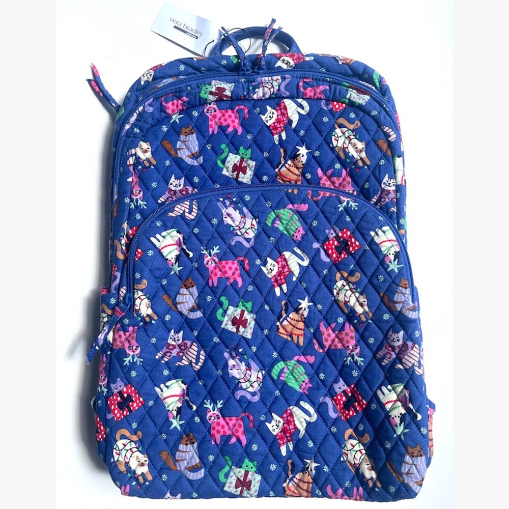 Vera Bradley Essential Large Backpack Catnip Christmas Cotton Cats Blue $159
